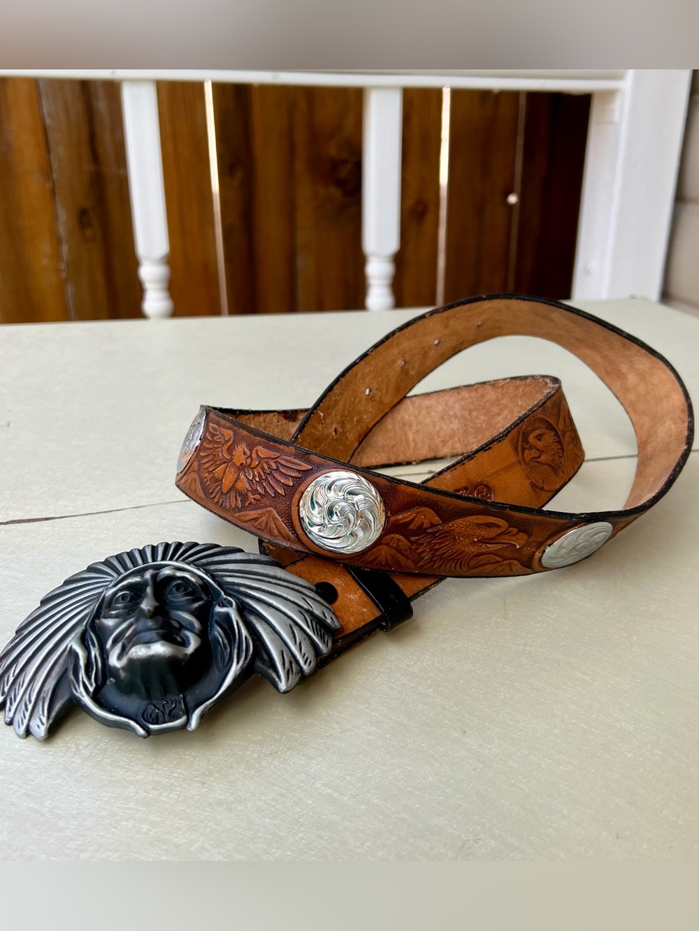 Hand-Tooled Brown Leather Men’s Belt with Native Chief Buckle